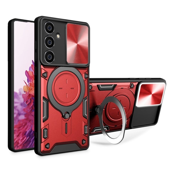 Husa pentru Samsung Galaxy A15 4G / Galaxy A15 5G, cu inel magnetic si suport ajustabil, protectie completa camera, SKDR SafeCover - Rosu