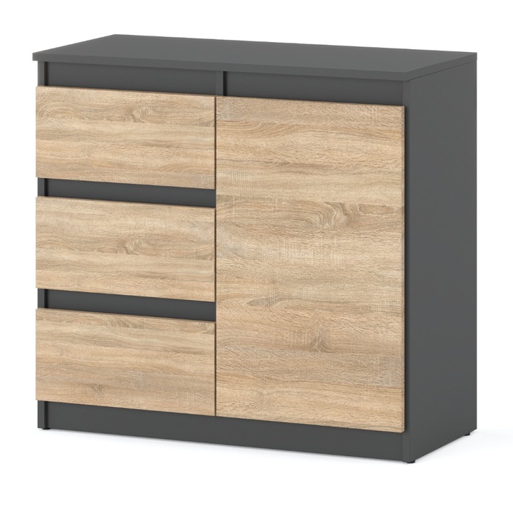 Comoda cu 3 sertare si usi, 80x75x35cm, Culoare Gri Mat Stejar Sonoma