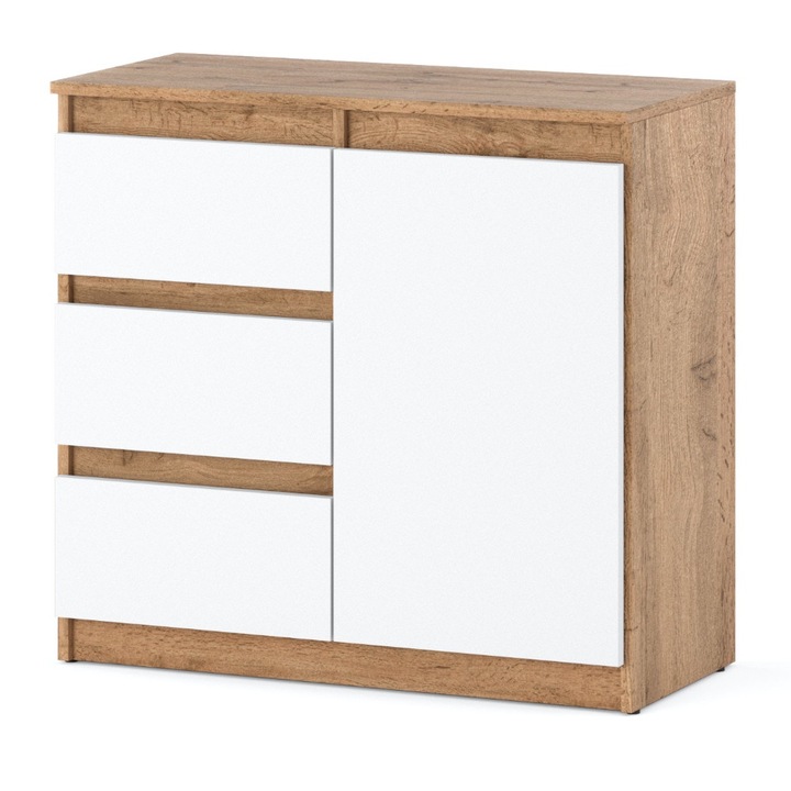 Comoda cu 3 sertare si usi, 80x75x35cm, Culoare Stejar Wotan Alb Mat