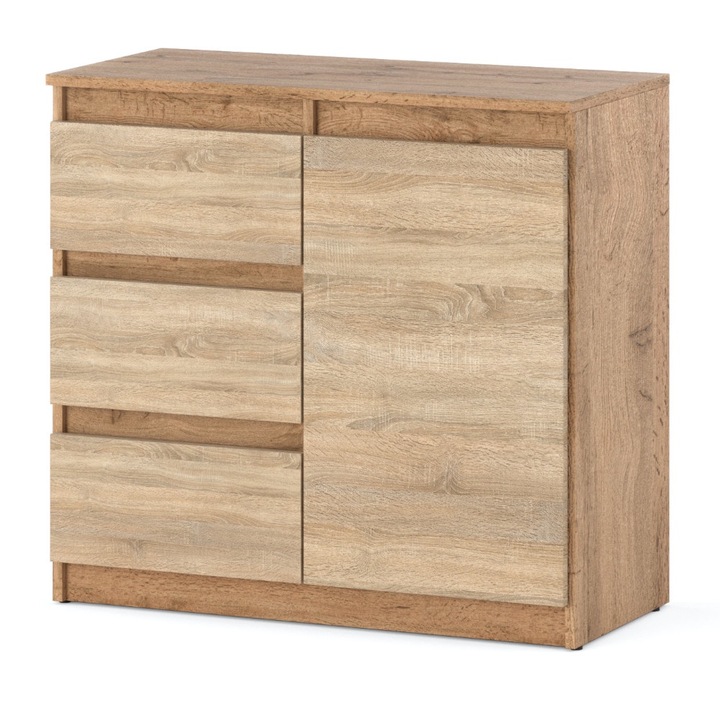 Comoda cu 3 sertare si usi, 80x75x35cm, Culoare Stejar Wotan Stejar Sonoma