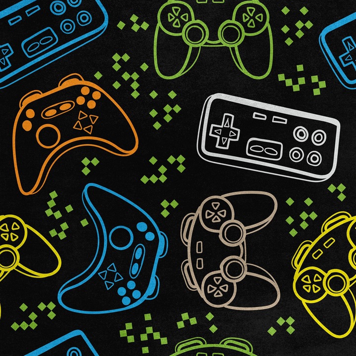 Bársonyos anyag varráshoz, Joysticks minta, poliészter, 145x280g/m, kék