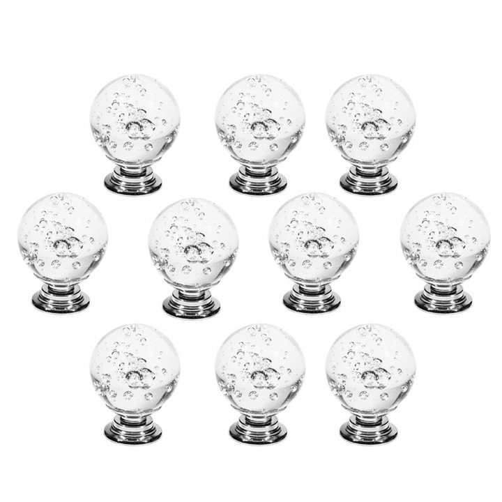 Set 10 manere usa, cristal/aliaj aluminiu, alb, 30x40mm