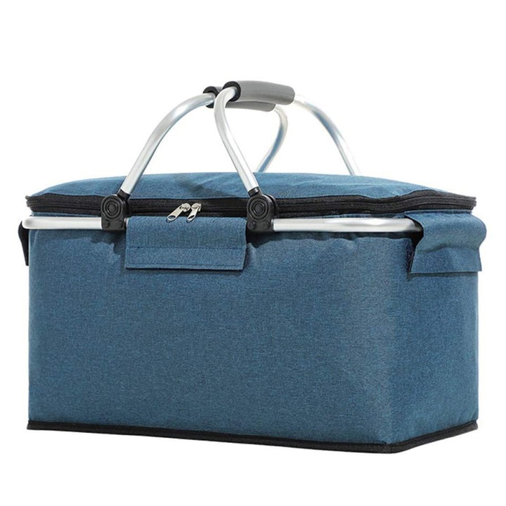 Cos picnic termoizolant, pliabil, capacitate 22L, albastru marin, 40x23x20cm