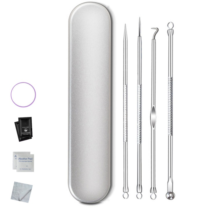 Set de 4 Pensete pentru Comedoane, Inox, Cutie Metalica, Multifunctional, pentru Toate Tipurile de Piele