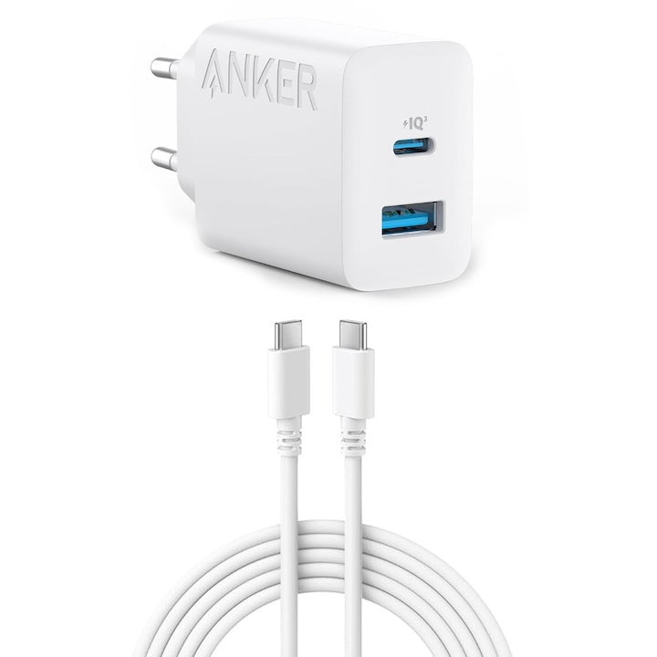 Anker 20W зарядно, USB-C + USB-A порт, Бързо зареждане, + 150 см USB-C кабел, съвместим със серия iPhone 15/15 Plus/15 Pro/15 Pro Max, iPad и други телефони
