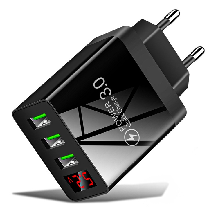 Мрежово зарядно устройство Timebox, 3 порта, 15 W бързо зареждане, 3 x USB, LED напрежение, съвместим iPhone, Samsung, Huawei, черен