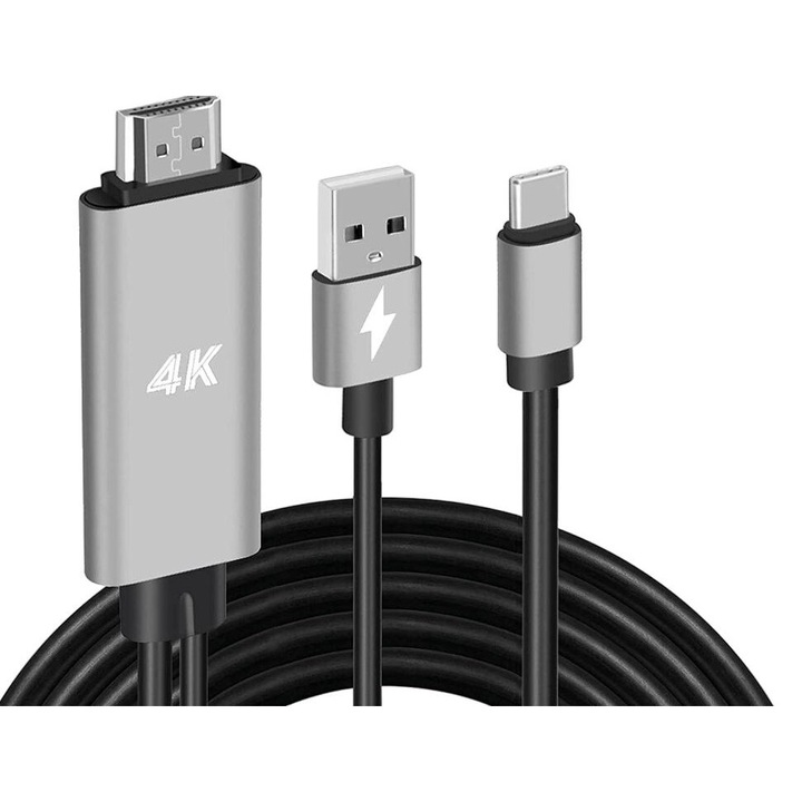 Cablu adaptor HDMI la USB-A/USB-C, 1.8m, plastic, argintiu/negru