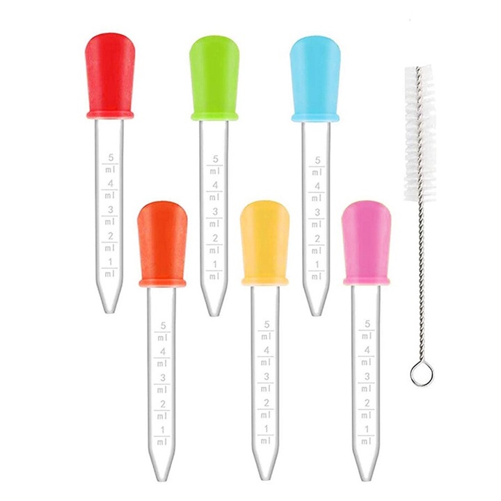 Комплект от 6 силиконови пипети за дозиране на течности, многоцветни, 2.3x12cm, с четка за почистване