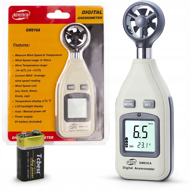 Anemometru Benetech, masurare viteza vant si temperatura, LCD, -10°C~+40°C, 49x32x158mm