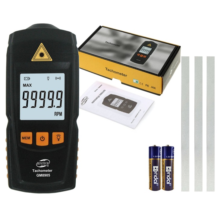 Tahometru Benetech, Masurare 2.5-99999 rpm, Ecran LCD, Laser Clasa II, 55.7x29.9x127mm