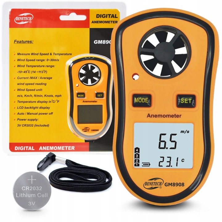 Anemometru Benetech GM8908, masurare viteza si temperatura, 0-30m/s, -10~+40C, 40x18x105mm