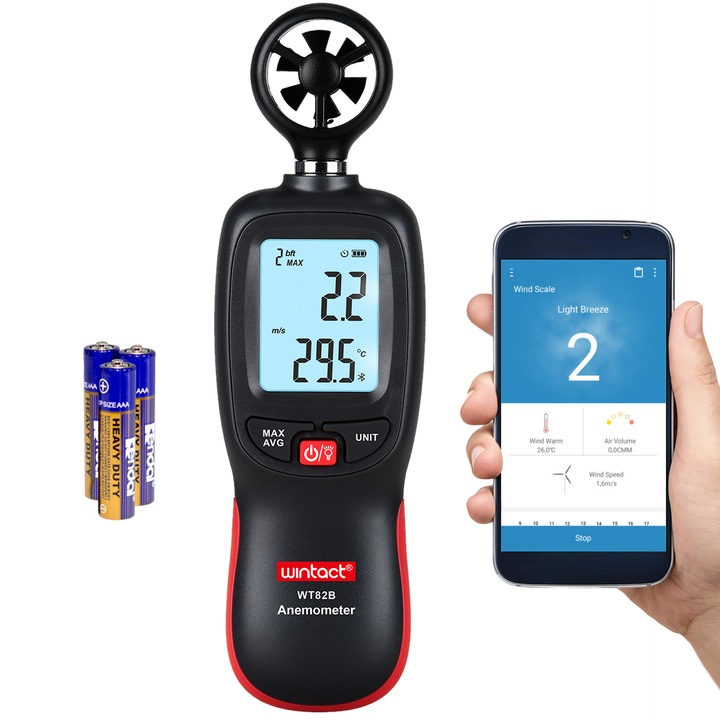 Anemometru Wintact WT82B, Bluetooth, LCD iluminat, masurare temperatura, 190x56x36mm