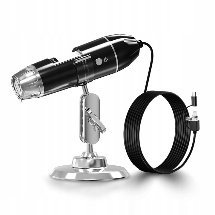 Цифров микроскоп, Benetech, 1600x, 3Mpx, 8 LED, съвместим с Android/iOS/PC, метална стойка, 1,5 м кабел, черен/сребрист