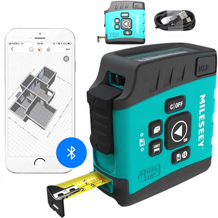 Ruleta cu laser Mileseey, Bluetooth, 40m, ecran LCD, USB, set complet