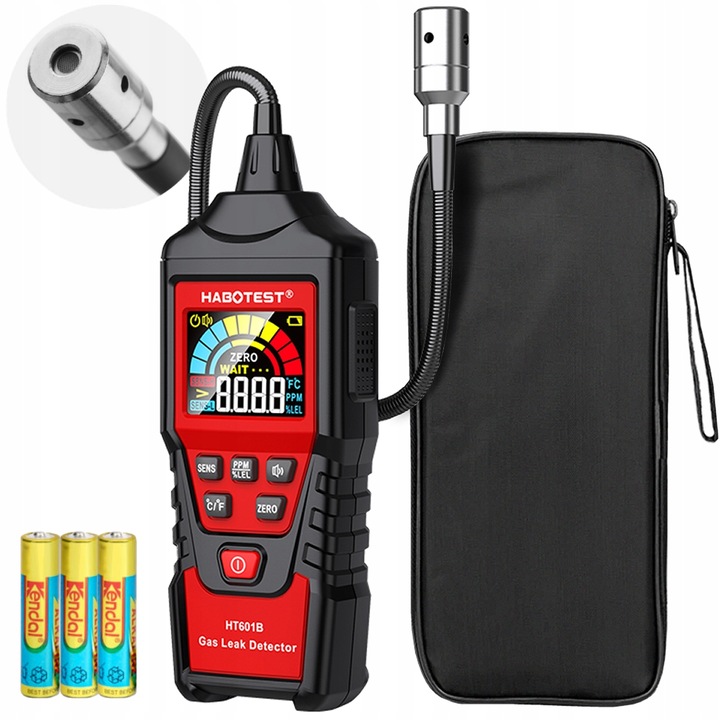 HABOTEST HT601B gázérzékelő, PPM mérés, vizuális és hangos riasztás, színes LCD képernyő, 225x60x33mm