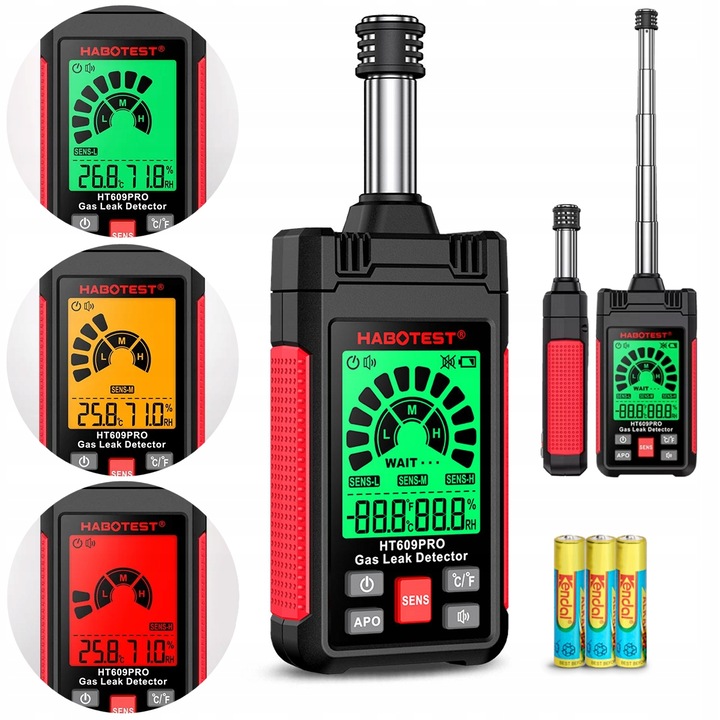 Gyúlékony gázérzékelő HABOTEST HT609 PRO, színes LCD képernyő, hangriasztó, kihúzható távcső, hőmérséklet és páratartalom mérés