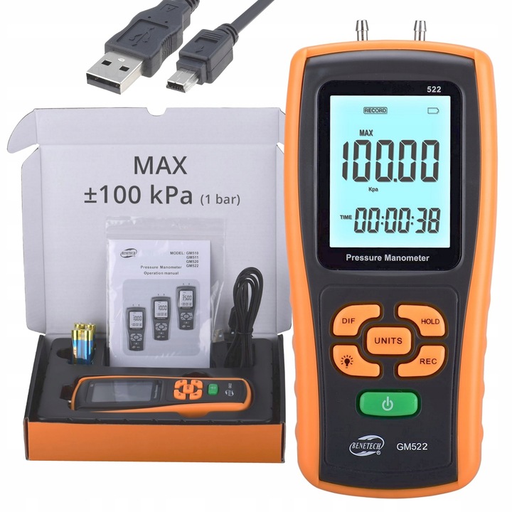 Manometru diferential digital Benetech GM522, masurare presiune si vacuum, USB, 0-100kPa