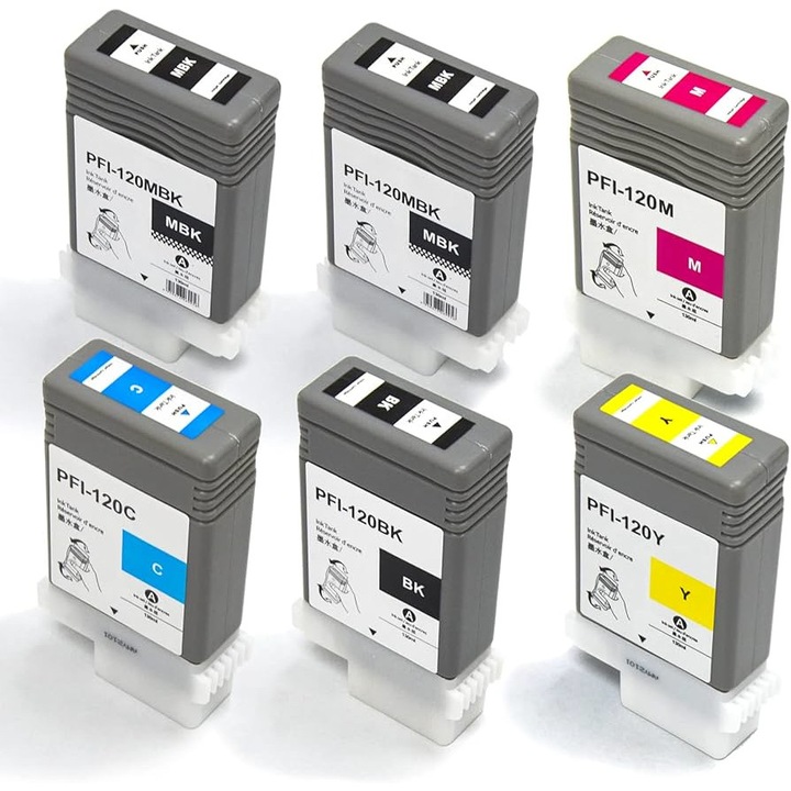 Set de 6 Cartuse inkjet PFI 120, Negru Mat, Negru, Albastru, Rosu, Galben, 6000 Pagini Multicolor Comptibile Canon image PROGRAF TM-200 TM-200 MFP L 24 ei TM-200 MFP T 24 TM-205 TM-300 TM-300 MFP L 36 ei TM-300 MFP T 36 TM-305