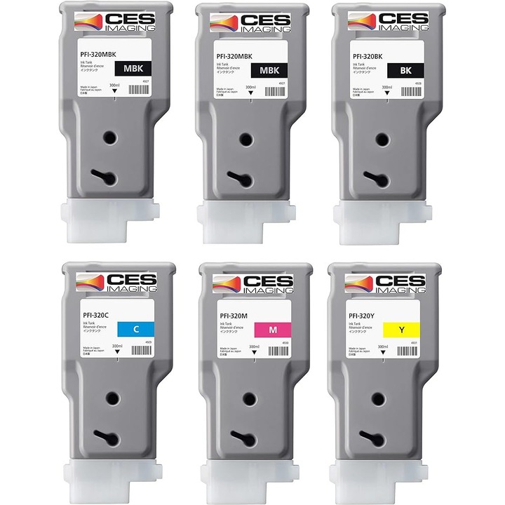 Комплект от 6 мастиленоструйни касети PFI 320, матово черно, черно, синьо, червено, жълто, 5000 страници, многоцветни броими Canon imagePROGRAF GP-200 GP-300 TM-200 TM-200 MFP L 24 ei TM-200 MFP T 24 TM-205 TM-300 MFP Z 36 TM-305 MFP T 36