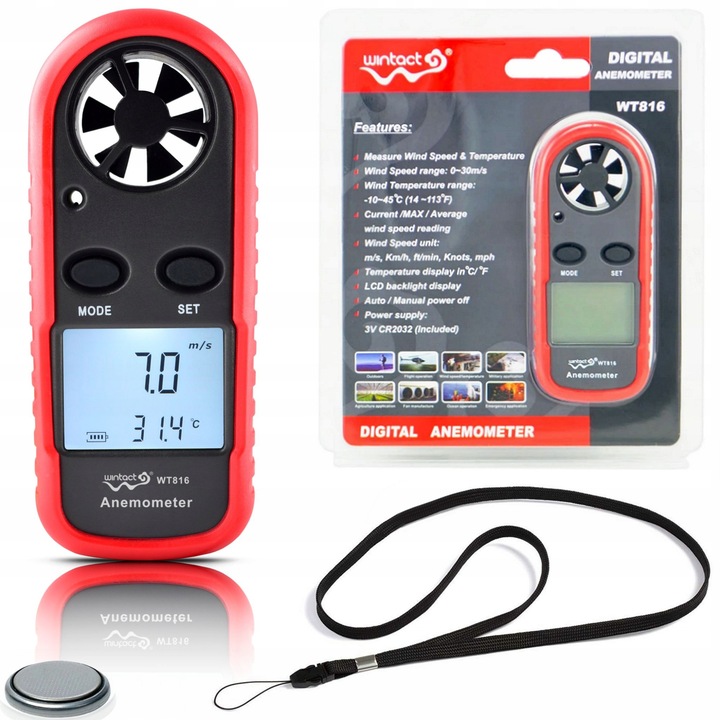 Anemometru Wintact WT816, masurare viteza si temperatura aer, LCD, -10°C~+45°C, 108x44x21mm