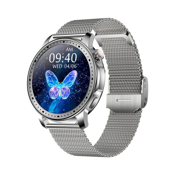 Дамски смарт часовник NUBI KM33, Bluetooth разговор, Пулс, Калории, AMOLED HD Дисплей, Дистанционна камера, Дистанционна музика, Нотификации, Сребрист