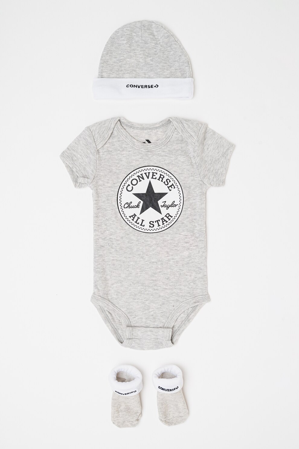 Converse, Set de body-uri, botosei si caciula cu logo - 3 piese, Alb, Negru, Gri melange, 68-80 CM