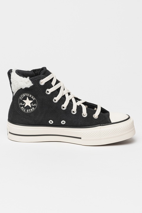 Converse, Tenisi mid-high de piele intoarsa cu insertie de blana sintetica, Alb/Negru