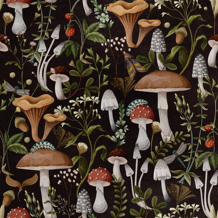 Bársonyos textil anyag, gomba mintás, sokszínű, 145x280cm