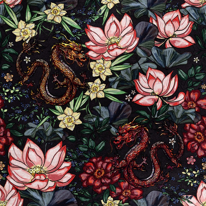 Poliészter varrószövet, kínai sárkány virágban, puha bársony, 145 cm x 100 cm, Heko panelek, RDX1327