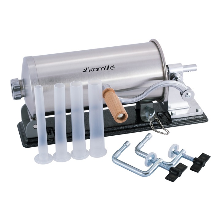 Masina de umplut carnati Kamille 3 kg din aluminiu, umplere manuala, 4 palnii incluse, piston cu silicon, prindere stabila pentru masa – KM6502