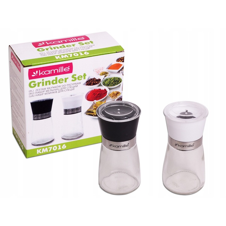 Set 2 rasnite condimente Kamille, inox si sticla, 6.5x13.5cm