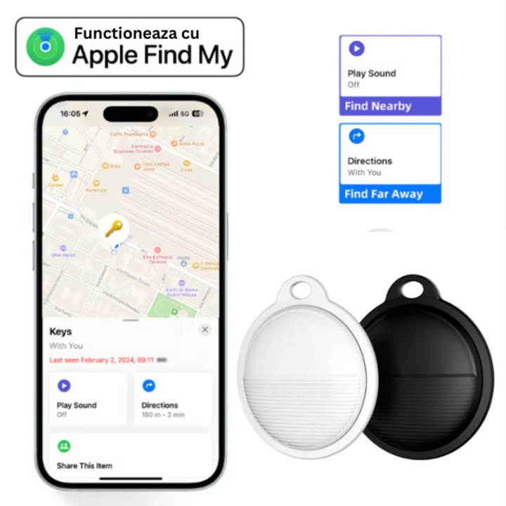Dispozitiv anti-pierdere cu localizare GPS, D&K, pentru iPhone Apple FindMy, waterproff, Negru