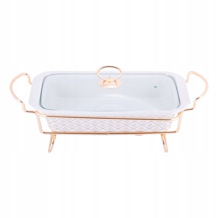 Vas termorezistent, Kamille, ceramica, cu capac, suport, 1.3 l, 30.5 x 19 x 6 cm, alb/auriu