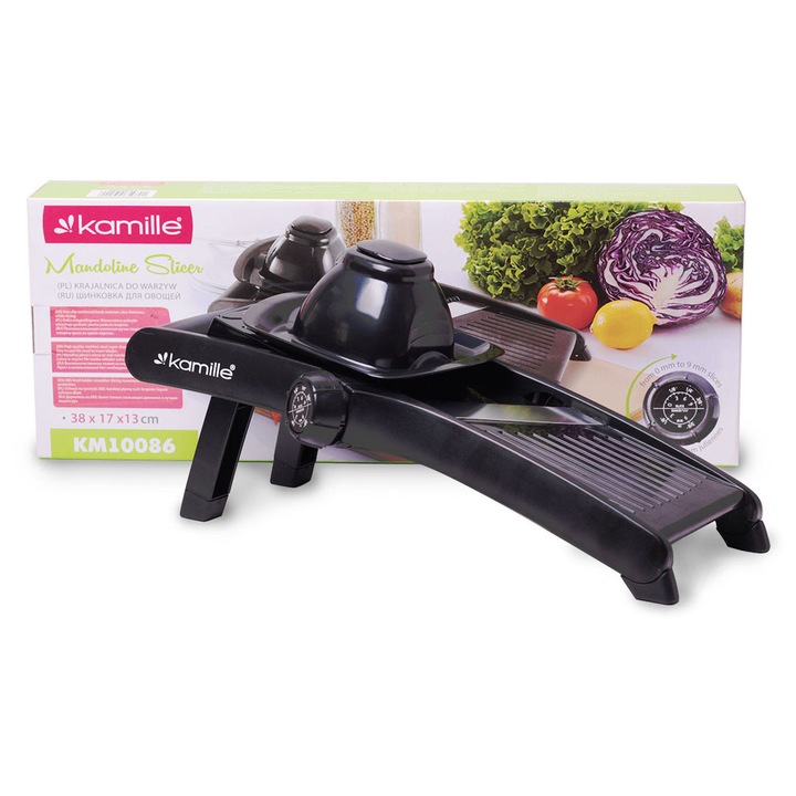 Razatoare Multifunctionala pentru Legume, Mandolina Multifunctionala pentru Legume, Fructe, Lame din inox, Reglaj de grosime, Negru, 38x17x13 cm, Kamille KM-10086