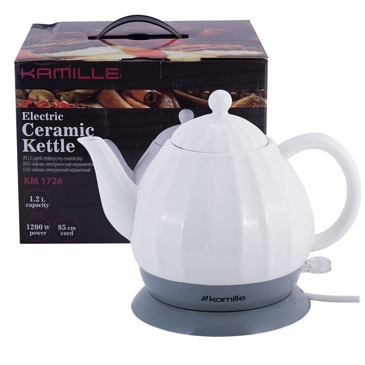 Електрическа кана Kamille KM-1726, 1.2L, 1200W, Керамика, Бял