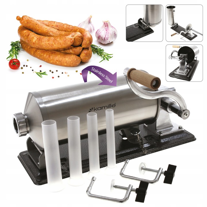Masina de carnati Kamille din inox 5,5 kg cu 4 palnii, fixare stabila si umplere manuala precisa — KM6507