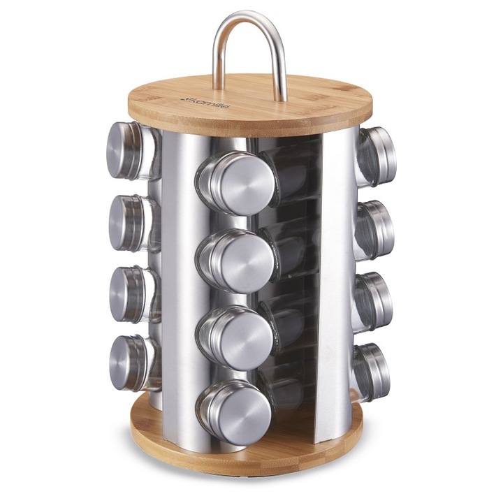 Set Recipiente Condimente cu suport, inox si bambus, 40 cm