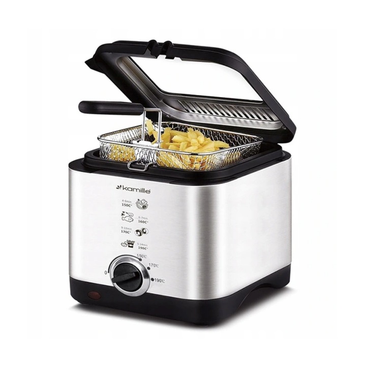 Фритюрник Kamille, 1.5L, 900W, регулируем термостат, неръждаема стомана, 24.8x23.7x20.3cm
