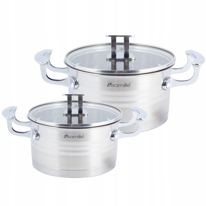 Kamille KM-5860 edénykészlet, rozsdamentes acél, 5 rétegű indukciós, üvegfedél, 1,7L/16cm, 2,4L/18cm