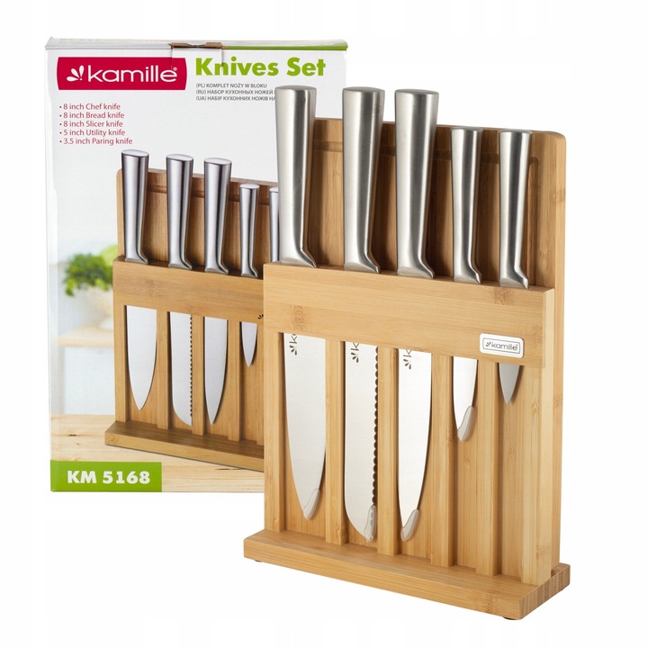 Set de cutite de bucatarie Kamille cu suport din lemn si tocator din bambus, 7 piese, lame din otel inoxidabil - KM5168