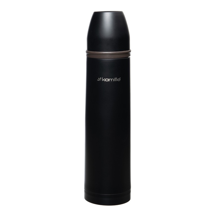 Termos Kamille KM-2059B, inox, izolatie prazniu, 1L, negru cu insertii maro sau rosii, 32.5x8.5cm, cu husa