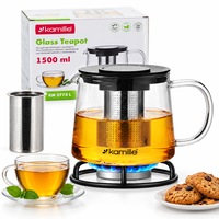 Ceainic din sticla borosilicata cu infuzor detasabil din inox, 1.5 L, pentru aragaz pe gaz, Kamille - KM0776L