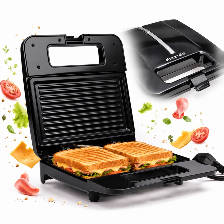 Sandwich-maker Kamille KM-6718, placi antiaderente, indicator luminos, inox/negru