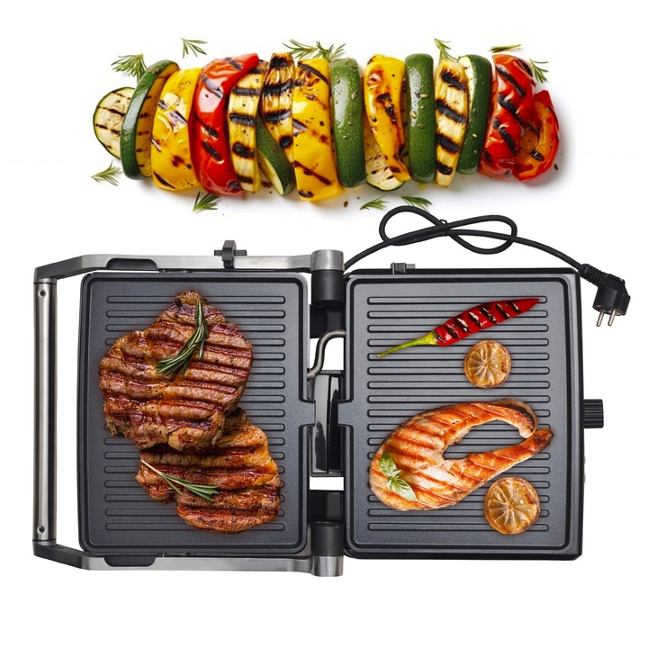 Gratar electric Kamille KM6706 2000W, Placi Antiaderente, Inox, Suprafata gatit 28x23 cm, Grill Electric Bucatarie, Aparat Grill Carne, Legume, Sandwich, Panini