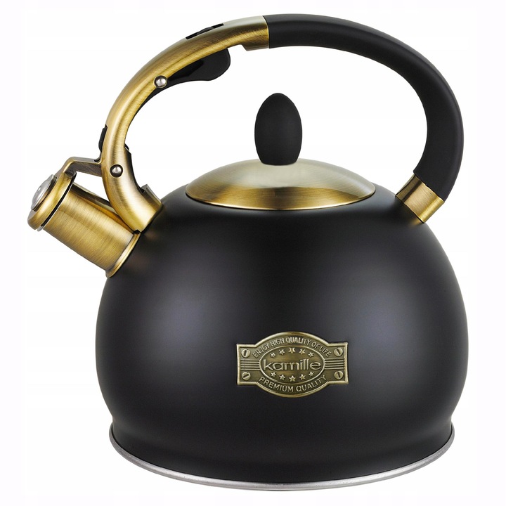 Ceainic cu infuzor, Kamille, inox, capacitate 2.7L, compatibil inductie, negru/auriu