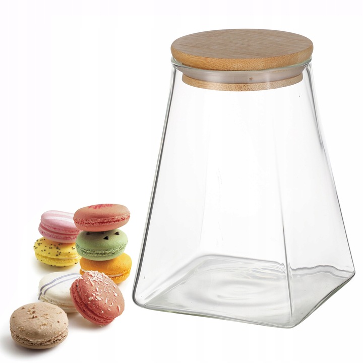 Borcan pentru alimente Kamille KM-9037, sticla transparenta cu capac din bambus, etans, 10x10x13.6cm