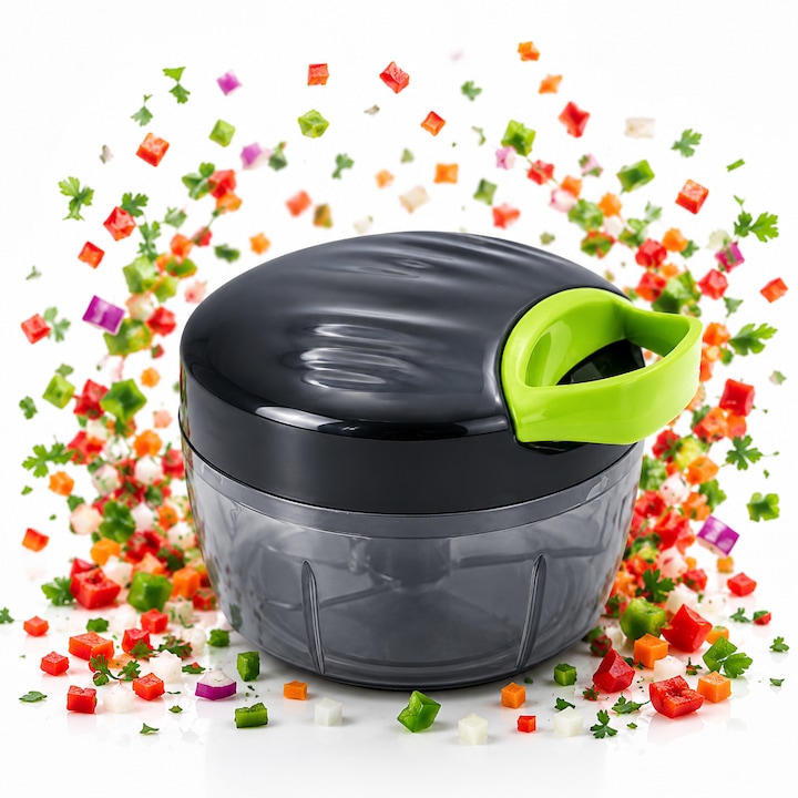 Tocator manual de Legume si Fructe, 500 ml, Feliator manual cu 3 Lame din Otel inoxidabil, Corp plastic si Acril, Actionare cu sfoara, Baza antiderapanta, Blocare capac, Kamille KM-3001