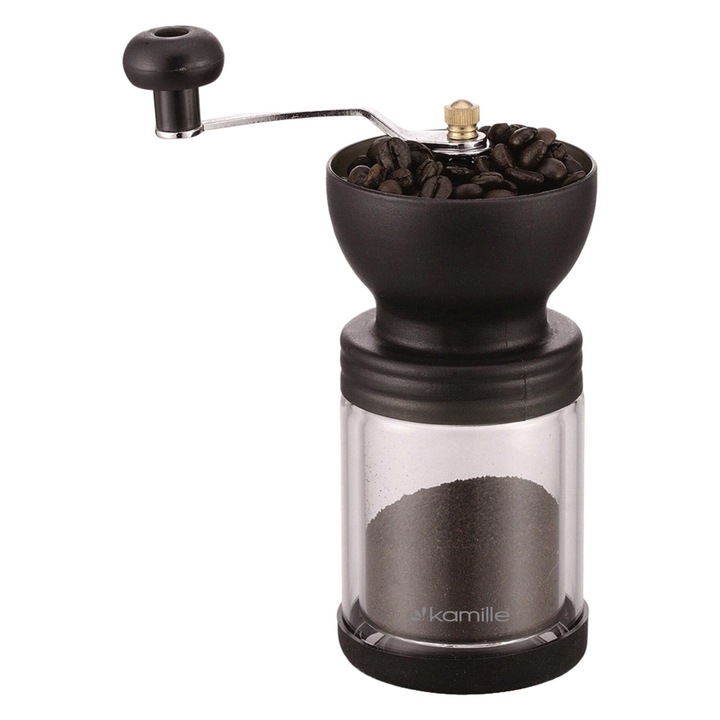 Rasnita manuala pentru cafea si condimente, Kamille, Plastic / Sticla, Maner detasabil, Capacitate 220 g, Transparent / Negru