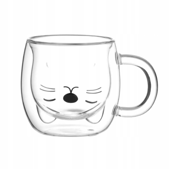 Cana Kamille KM-9017, model de pisica, termoizolanta, sticla borosilicata, transparenta, 250ml