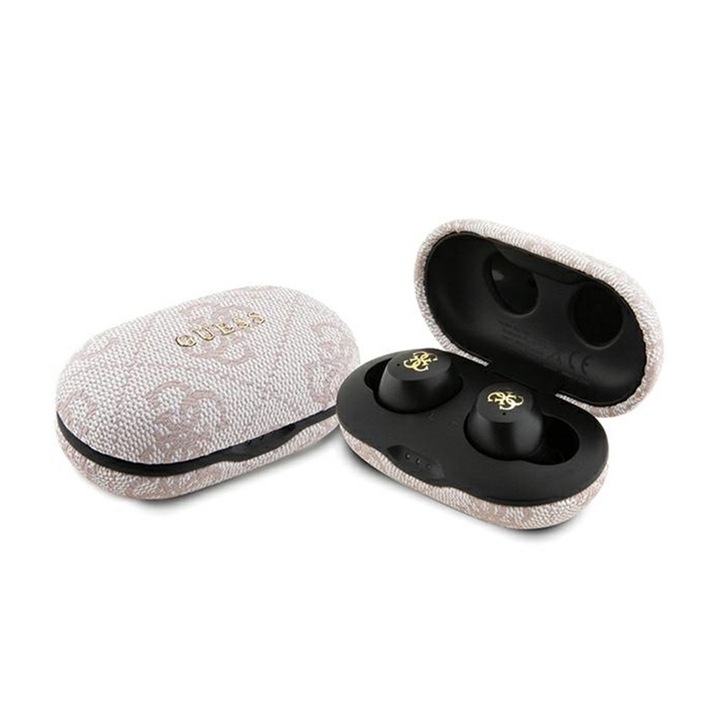 Безжични слушалки GUESS 4G Metal Logo, Bluetooth 5.3, ENC, IPX5, Калъф за зареждане, Черен